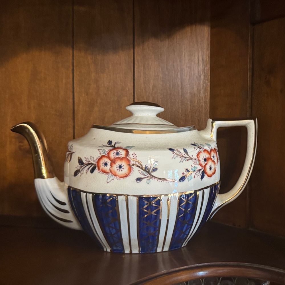 Vintage Floral Teapot with Blue Stripes